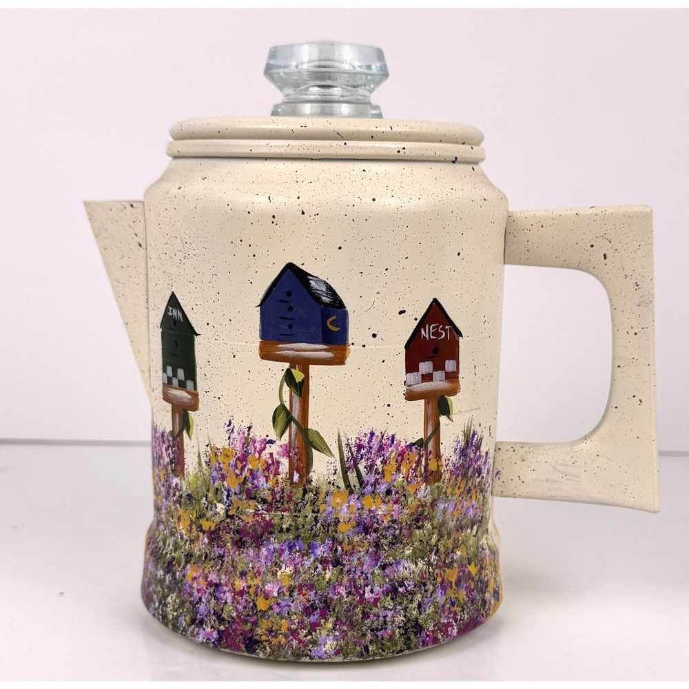 Vtg Aluminum Tea Kettle Hand Painted Signed Hallihan Garden Country Kitsch